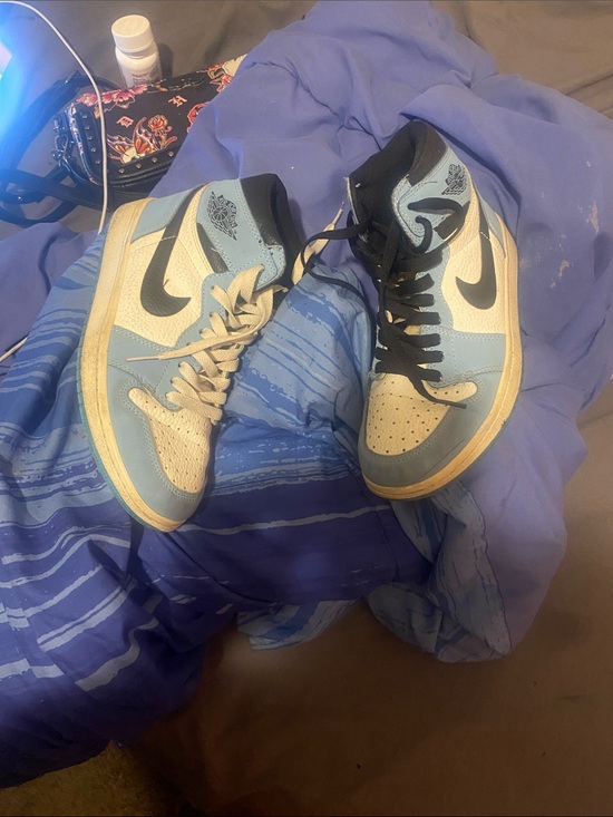 Nike Shoes - Nike Air Jordan 1 Mid White and Light Blue with Black Swoosh